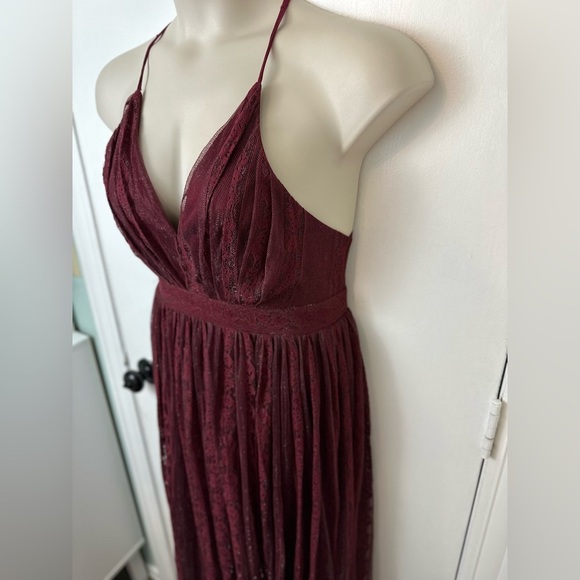 Burgundy Maxi Dress V-neck spaghetti straps pleated design with lace M #1525 - Picture 6 of 12
